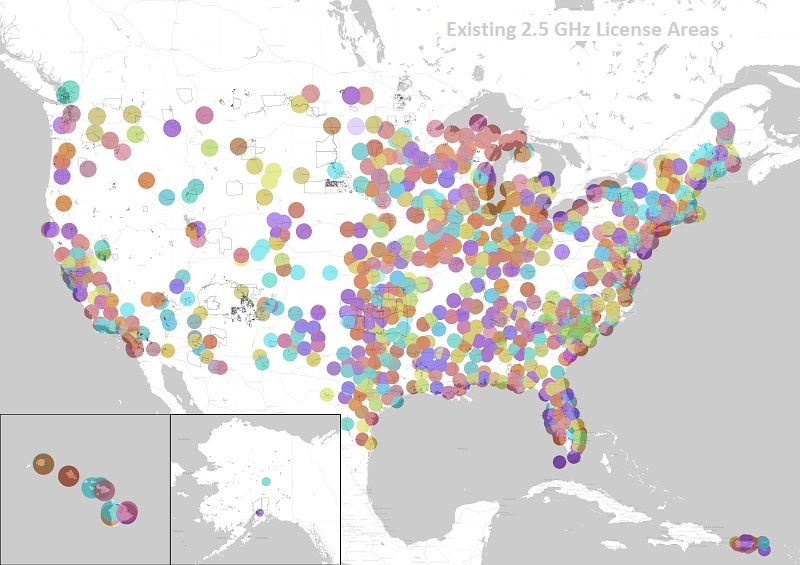 A map of the United States with colored circles depicting existing 2.5 GHz licensed areas