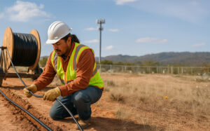 Native American construction worker installing fiber optic cable on tribal land during broadband infrastructure project