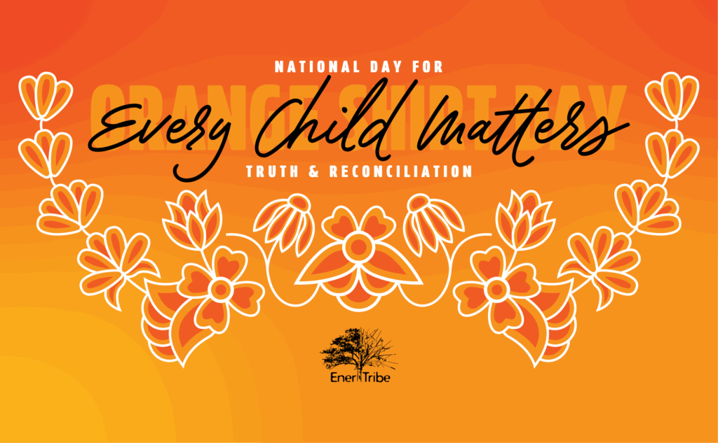 Graphic featuring Ojibwe floral designs in orange, created for Orange Shirt Day to recognize the legacy of residential schools.