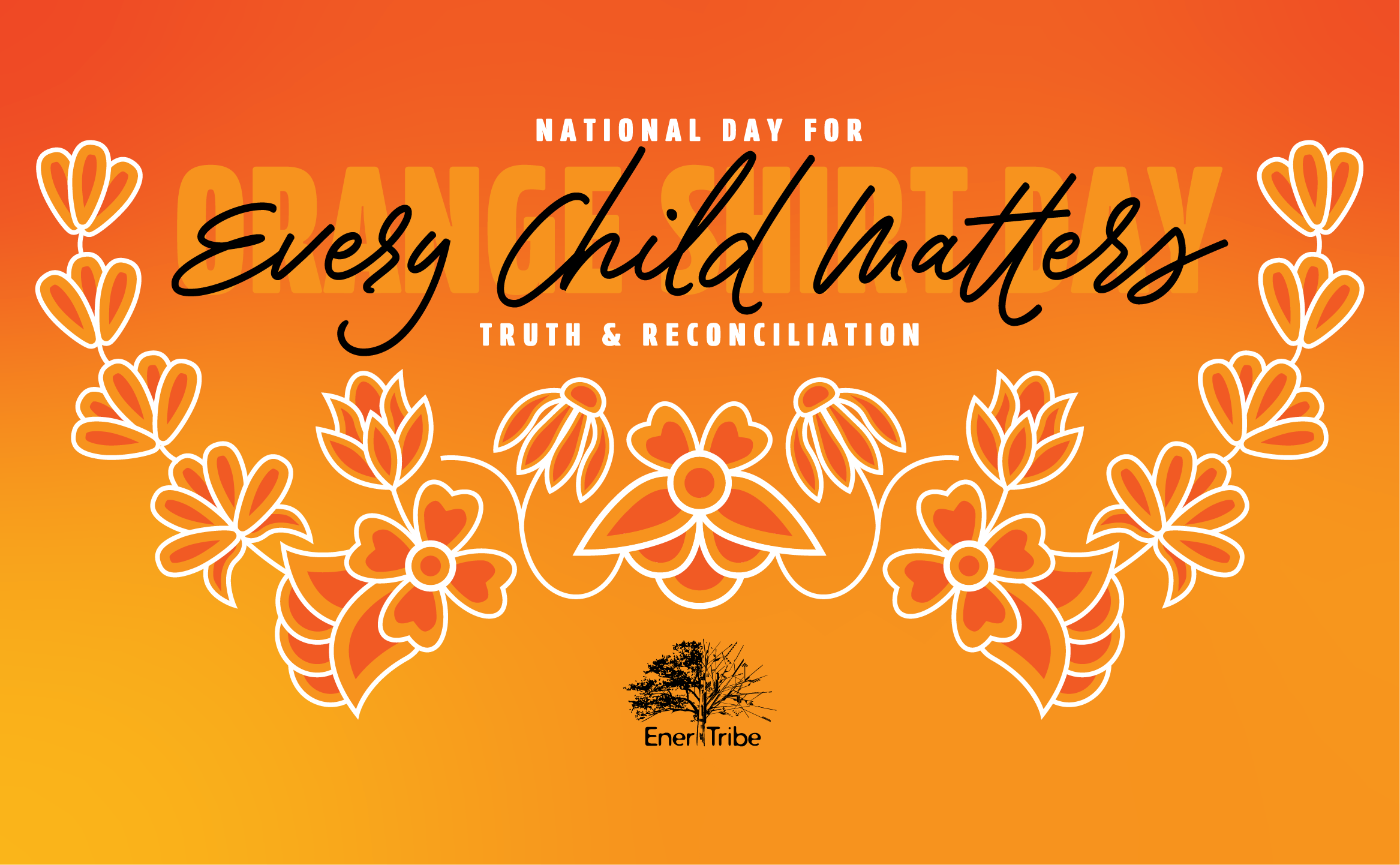 Graphic featuring Ojibwe floral designs in orange, created for Orange Shirt Day to recognize the legacy of residential schools.